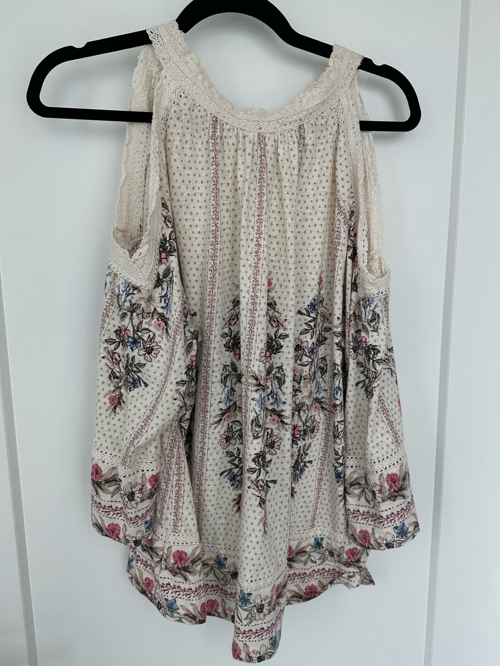 Style & Co Cream Floral Cold Shoulder Boho Peasant Top XL Crochet Trim